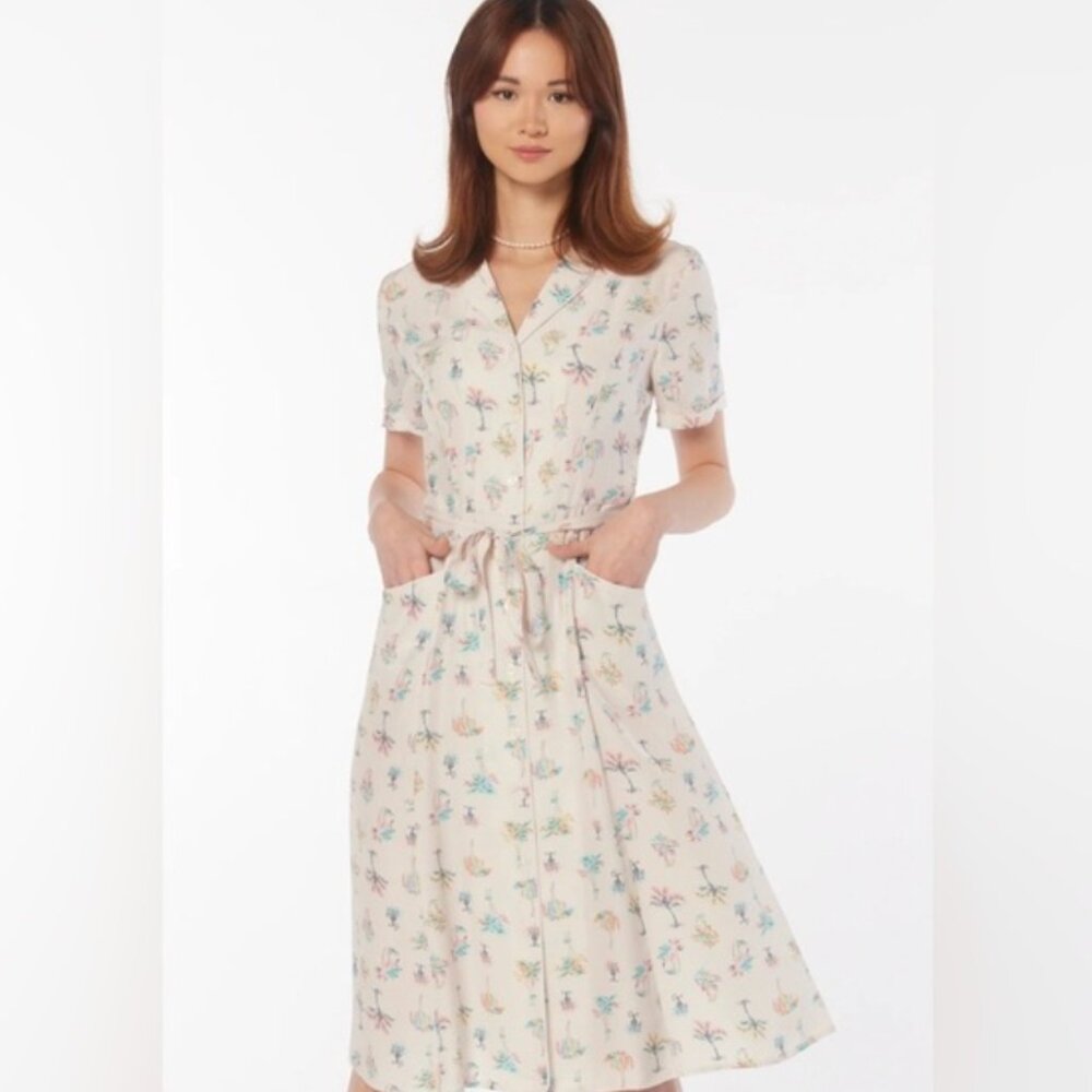 BNWT HVN Short Sleeve 100% Silk Maria Dress Palm Tree Print